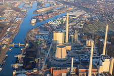New building at the Rhine harbor steam power plant of ENBW in the district Daxlanden in Karlsruhe in the state Baden-Wuerttemberg, Germany from the drone perspective