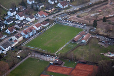 Sports fields in the district Ingenheim in Billigheim-Ingenheim in the state Rhineland-Palatinate, Germany from above