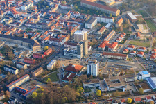 Tournuser Platz with Sparkasse Südpfalz, Goethe-Gymnasium Germersheim and Stadthalle in Germersheim in the state Rhineland-Palatinate, Germany