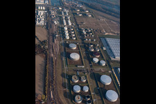 Aerial view of Tanquid fuel depot at the airport from the east in Speyer in the state Rhineland-Palatinate, Germany