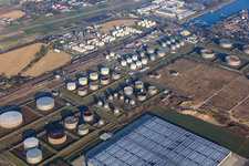 Aerial photograpy of Tanquid fuel depot at the airport from the east in Speyer in the state Rhineland-Palatinate, Germany