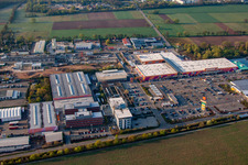 Bruchwiesenstraße industrial area with Hornbach hardware store in the district Dreihof in Bornheim in the state Rhineland-Palatinate, Germany from above