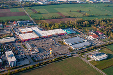 Bruchwiesenstraße industrial area with Hornbach hardware store in the district Dreihof in Bornheim in the state Rhineland-Palatinate, Germany out of the air