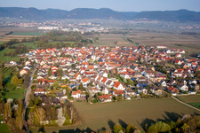 Village - view on the edge of agricultural fields and farmland in Venningen in the state Rhineland-Palatinate, Germany from the plane