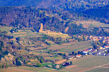 Aerial photograpy of Wachtenburg (Ruins of Wachenheim Castle) in Wachenheim an der Weinstraße in the state Rhineland-Palatinate, Germany