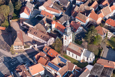 Aerial view of Protestant St. Andrew's Church in the district Jerusalemsberg in Kirchheim an der Weinstraße in the state Rhineland-Palatinate, Germany