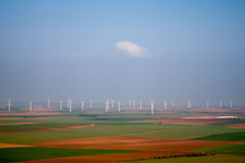 Wind turbine windmills on a hill in Ober-Floersheim in the state Rhineland-Palatinate