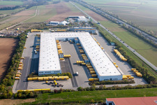 Aerial photograpy of Building complex and grounds of the logistics center of DHL in Saulheim in the state Rhineland-Palatinate, Germany
