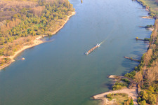 Aerial view of Cargo ship on the Rhine at the NATO ramp Ludwigshöhe in Ludwigshöhe in the state Rhineland-Palatinate, Germany