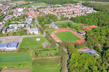 Aerial view of Bienwald Stadium from the west in Kandel in the state Rhineland-Palatinate, Germany