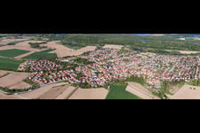 Aerial view of Panoramic perspective Town View of the streets and houses of the residential areas in Leimersheim in the state Rhineland-Palatinate, Germany