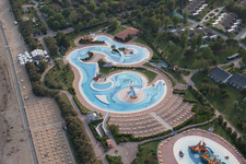 Aerial view of Swimming pool with pirate ship of the Playaloca in Duna Verde in Venetien, Italy