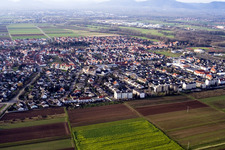 Aerial photograpy of View of the streets and houses in the residential areas in Offenbach an der Queich in the state Rhineland-Palatinate, Germany
