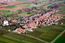 Aerial view of Village - view on the edge of agricultural fields and farmland in Freimersheim (Pfalz) in the state Rhineland-Palatinate