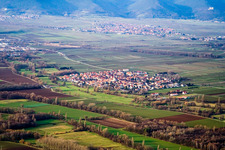 Bird's eye view of Village - view on the edge of agricultural fields and farmland in Venningen in the state Rhineland-Palatinate