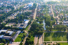 Jahnstraße with IGS, Schwanenweiher and stadium in Kandel in the state Rhineland-Palatinate, Germany