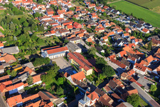 Aerial view of Mundoplatz, primary school and Mundohalle in Minfeld in the state Rhineland-Palatinate, Germany
