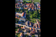 Aerial photograpy of Mundoplatz, primary school and Mundohalle in Minfeld in the state Rhineland-Palatinate, Germany
