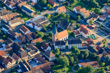 Aerial view of Evangelical Church in Oberotterbach in the state Rhineland-Palatinate, Germany