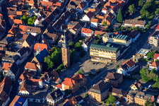 Aerial view of Messplatz with Sparkasse Südpfalz in Bad Bergzabern in the state Rhineland-Palatinate, Germany
