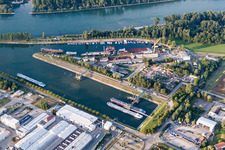Aerial view of Quays and boat moorings at the port of the inland port on the Rhine river in Speyer in the state Rhineland-Palatinate, Germany