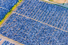 Aerial view of Daimler GLC and car warehouse of MOSOLF Logistics & Services GmbH on the island of Grün in Germersheim in the state Rhineland-Palatinate, Germany