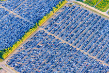 Aerial photograpy of Daimler GLC and car warehouse of MOSOLF Logistics & Services GmbH on the island of Grün in Germersheim in the state Rhineland-Palatinate, Germany