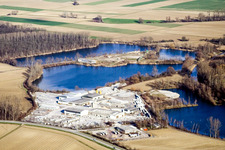Gravel lakes of Fingerbeton Beton Kuhardt Gmbah from the west in Kuhardt in the state Rhineland-Palatinate, Germany