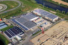 Halls and trucks of the NUSS Group in the Oberwald industrial area in Wörth am Rhein in the state Rhineland-Palatinate, Germany