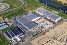 Aerial photograpy of Halls and trucks of the NUSS Group in the Oberwald industrial area in Wörth am Rhein in the state Rhineland-Palatinate, Germany
