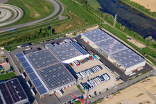 Halls and trucks of the NUSS Group in the Oberwald industrial area in Wörth am Rhein in the state Rhineland-Palatinate, Germany out of the air