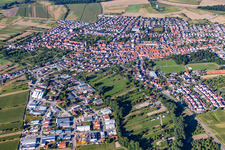 Aerial view of Town View of the streets and houses of the residential areas in the district Liedolsheim in Dettenheim in the state Baden-Wurttemberg, Germany