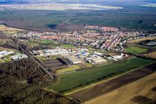 Aerial view of Town View of the streets and houses of the residential areas in the district Huttenheim in Philippsburg in the state Baden-Wurttemberg