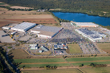 Aerial view of Building of the shopping center Globus Wiesental, Roller Moebel - Waghaeusel in Wiesental in the state Baden-Wurttemberg, Germany