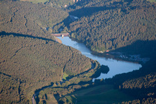 Aerial view of Marbach Reservoir in the district Hetzbach in Oberzent in the state Hesse, Germany