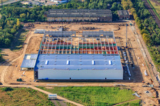 Aerial view of Construction site for the new Decathlon Schwetzingen building in Schwetzingen in the state Baden-Wuerttemberg, Germany