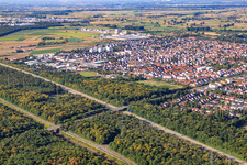 Aerial photograpy of City view from the northeast in Ketsch in the state Baden-Wuerttemberg, Germany
