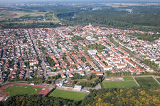 Aerial view of Town View of the streets and houses of the residential areas in Ketsch in the state Baden-Wurttemberg