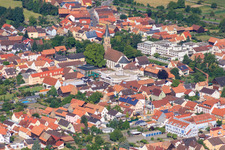 Aerial view of Church of St. Mauritius and Braunsche Foundation in Rülzheim in the state Rhineland-Palatinate, Germany
