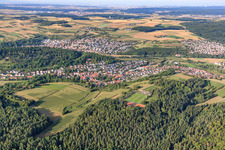 View of the town from the southwest with Holzberg sports field in the district Dätzingen in Grafenau in the state Baden-Wuerttemberg, Germany
