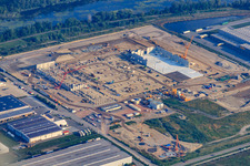 Oblique view of Construction site for MEG Wörth am Rhein GmbH in the Oberwald industrial area in Wörth am Rhein in the state Rhineland-Palatinate, Germany
