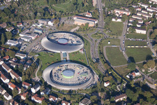 Building of the shopping center Shopping Cite in Baden-Baden in the state Baden-Wurttemberg from a drone