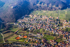 Village on the edge of the Palatinate Forest below Landeck Castle from the south in Klingenmünster in the state Rhineland-Palatinate, Germany