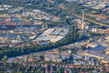 Aerial view of MOCOPINUS plant Karlsruhe on Rheinhafenstr in the district Mühlburg in Karlsruhe in the state Baden-Wuerttemberg, Germany