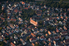 St. Valentine in the district Daxlanden in Karlsruhe in the state Baden-Wuerttemberg, Germany from above