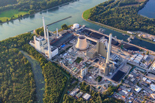 Rhine port steam power plant Karlsruhe of EnBW Energie Baden-Württemberg AG in the district Daxlanden in Karlsruhe in the state Baden-Wuerttemberg, Germany from the plane
