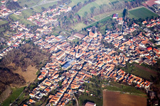 Town View of the streets and houses of the residential areas in the district Ingenheim in Billigheim-Ingenheim in the state Rhineland-Palatinate from above