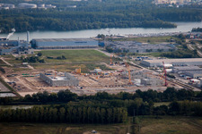 Oberwald industrial area in Wörth am Rhein in the state Rhineland-Palatinate, Germany from a drone