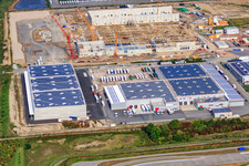 Construction site for MEG Wörth am Rhein GmbH in the Oberwald industrial area in Wörth am Rhein in the state Rhineland-Palatinate, Germany from the plane