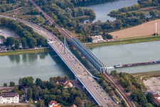 Rail and Street bridges construction across the Rhine river between Karlsruhe and Woerth am Rhein in the state Rhineland-Palatinate, Germany seen from above